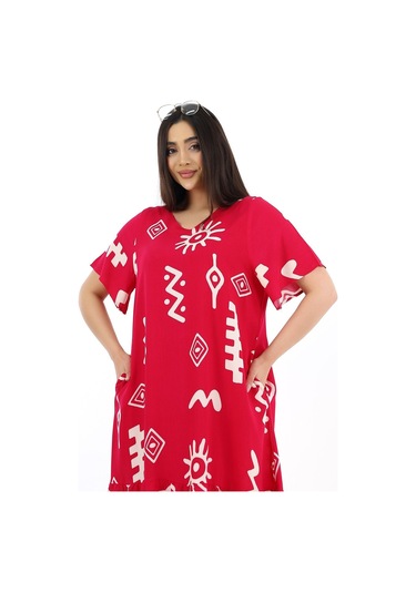 Kadın Viskon Yarım Kol V Yaka Cepli Fırfırlı Elbise Kırmızı Kırmızı