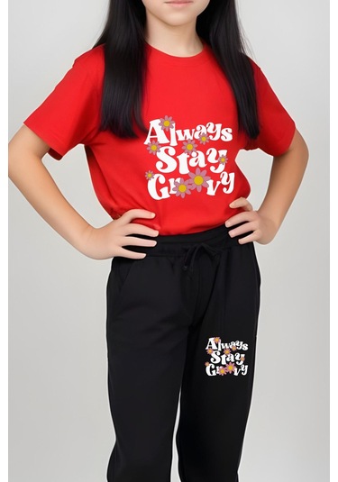 Always Stay Baskılı Kız Çocuk Tişört Ve Eşofman Alt-üst Takım Kırmızı