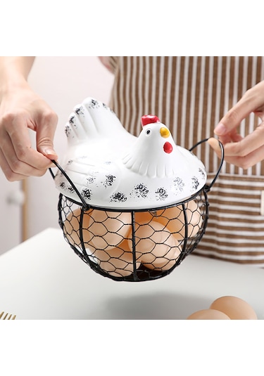 Tavuk Figürlü Yumurta Meyve Tutucu Mutfak Organizer Sepet Beyaz - Siyah