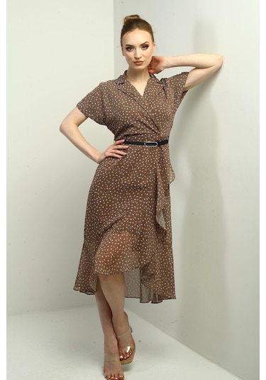 Kadın Kruvaze Yaka Astarlı Çıtır Desen Önü Volanlı Şifon Elbise-40785 Vizon