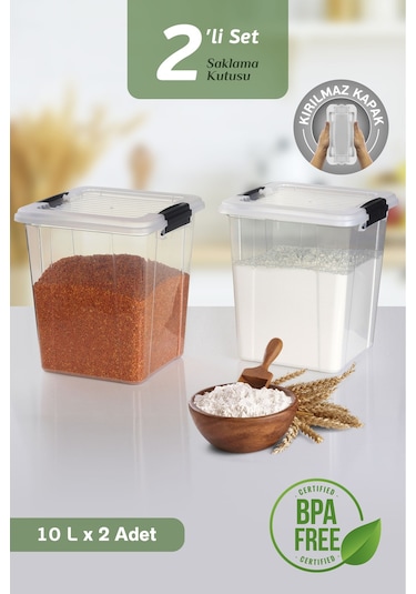 2'li Mega Organizer Box 10l - Un Bakliyat Erzak Saklama Kabı Kilit Kapaklı Deterjan Düzenleyici Kutu Şeffaf