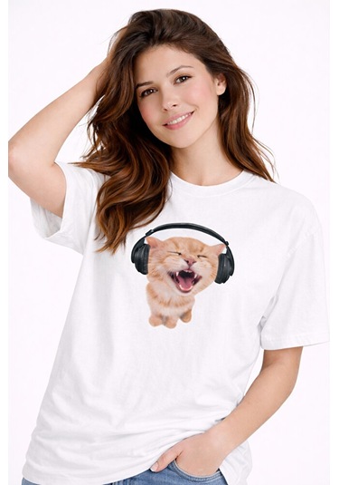 Nevermind Kadın Tişört Baskılı Kulaklıklı Kedi Desenli Basic Rahat Günlük % Beyaz