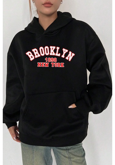 Brooklyn Baskılı Bisiklet Yaka Sweatshirt Antrasit