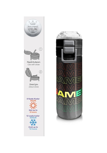 Coral High Kids Siyah Gri Gamer Desenli Pipetli Ve Direkt İçim Çelik Termos 500 Ml 31853 Gri - Sarı