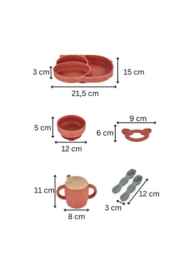 5'li Silikon Set / Bölmeli Mama Tabağı / Kase / Bardak / Diş Kaşıyıcı / Mama Kaşığı - Kiremit Rengi Kiremit