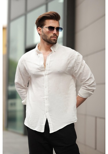 Madmext Beyaz Basic %100 Pamuklu Uzun Kollu Erkek Gömlek E6761 Beyaz