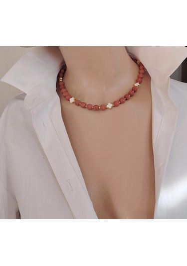 Luna Yonca Detaylı Lav Taşı Choker Doğal Taş Kolye Kahverengi