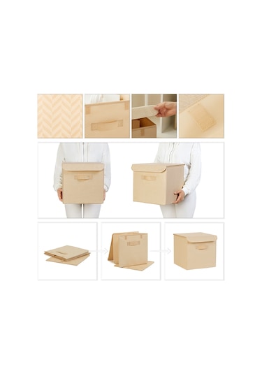 Ocean Home Textile 2'li Bej Balıksırtı Kapaklı Kutu Set 30 x 30 x 30 cm