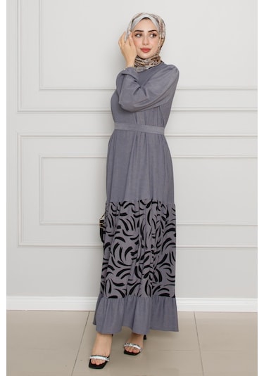 Eteği Desenli Karin Elbise-gri-4273-gri Gri
