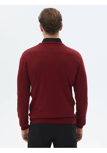 Kırmızı Bisiklet Yaka Jakarlı Yün Karışımlı Triko Kazak Kırmızı