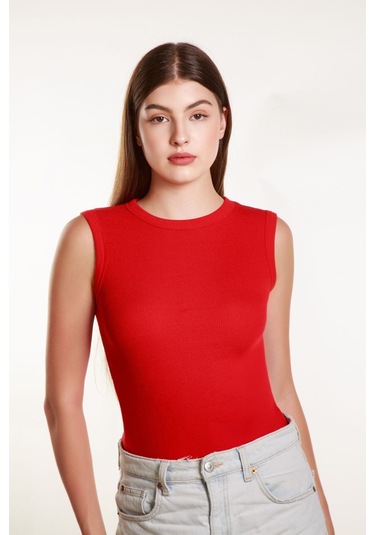 Kadın Kırmızı Fitilli Likralı Sıfır Kol Bisiklet Yaka Örme Atlet Tshirt Bluz Kırmızı