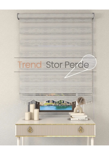 Gri Bambu Boncuklu Zebra Stor Güneşlik Perde Opak Gri