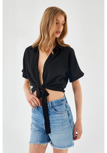 4230 Kadın Bağlamalı Yazlık Keten Gömlek Siyah Siyah