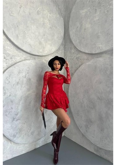 Kadın Bolero Detaylı Güpür Prenses Elbise Dpnbdf107 Kırmızı