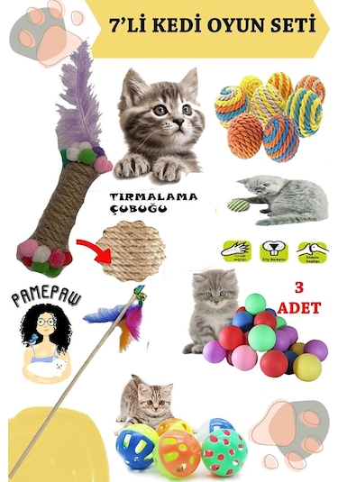 7'li Set : Kedi Tırmalama Çubuğu Oyuncak , Sarma Top , Olta , 3'lü Mini Top , Çıngıraklı Top
