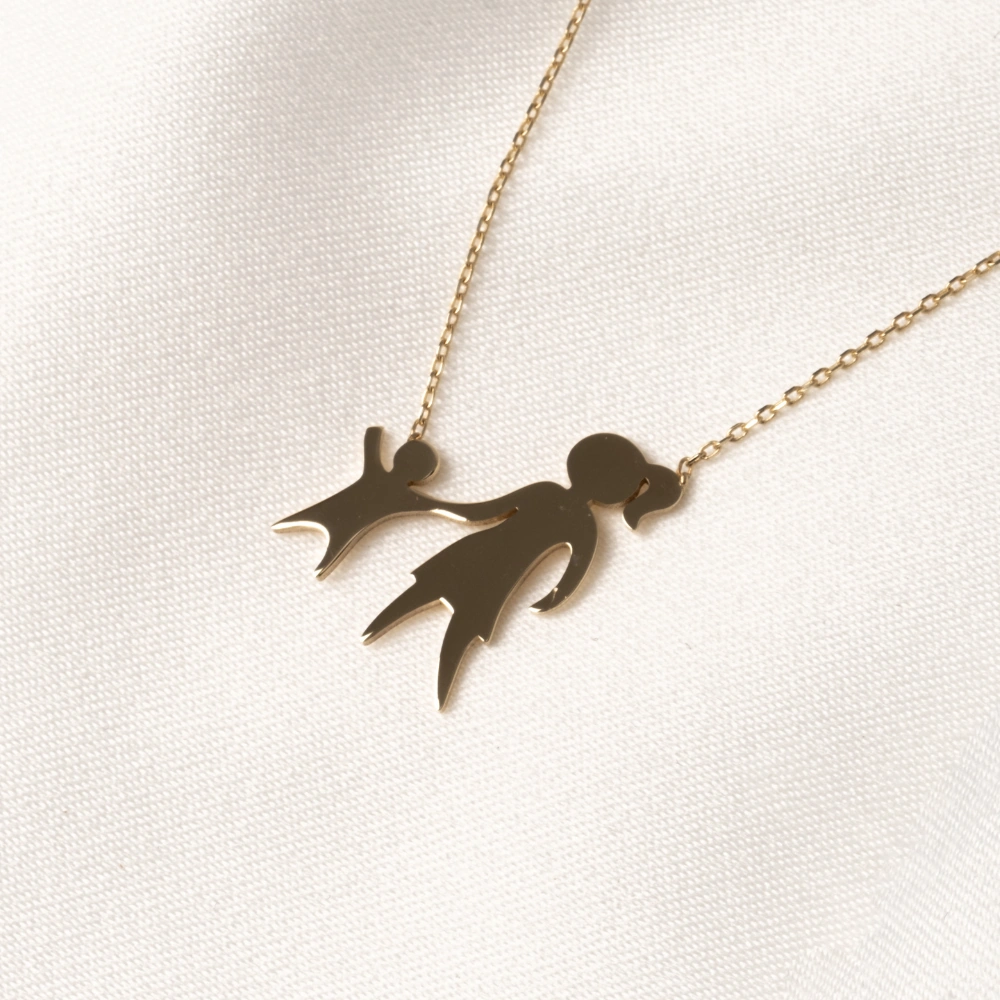 Gümüş Kolye - Anne Kız 925 Ayar Gümüş Kolye Sarı