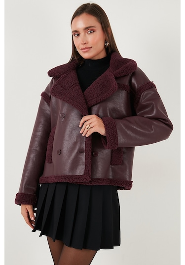 Lela Oversize Kruvaze Yaka Peluş Detaylı Suni Deri Biker Ceket Bayan Mont 6810247 Bordo