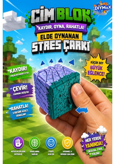 Voksel Fidget Çim Küp 3.5cm Pixel Art Kaydırmalı Stres Oyuncağı El Oyuncağı - Gri