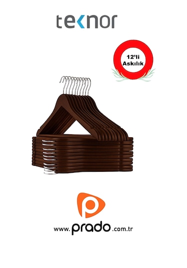 Teknor-prado 12 Adet Ahşap Görünümlü Plastik A Kalite Siyah Stil Elbise Askısı Kahverengi