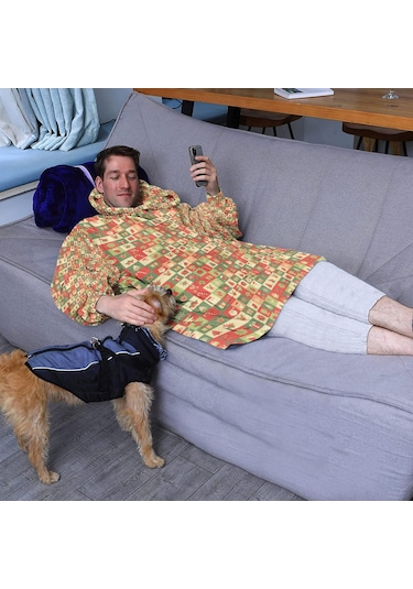 Noel Temalı Unisex Giyilebilir Battaniye Hoodie, Kalın Peluş, Kollar Ve Büyük Cep-a59 Bej