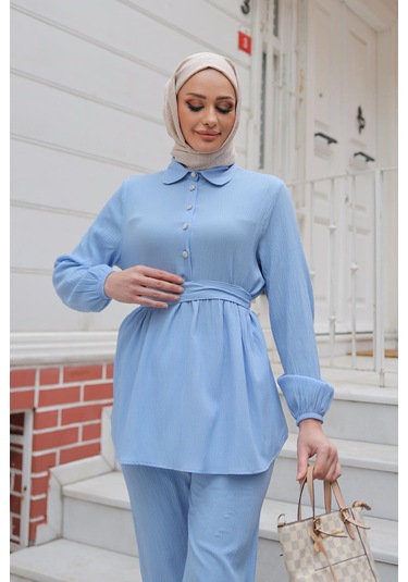 Taş Düğme Detaylı Takım Bebe Mavisi Bebemavisi Bebek Mavisi