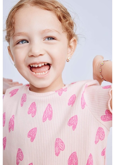 DeFacto Kız Bebek 2'li Takım Desenli Fitilli Kaşkorse Kısa Kollu Tişört Şort E0724A525SMPN127