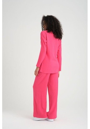 Kadın Dokulu Maya Kumaş Bol Kalıp Salaş Pantolon Uzun Kollu Bluz Ikili Takım 3563320 Pembe