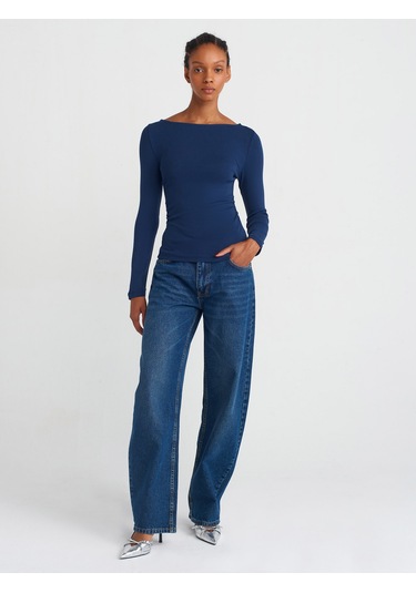 Dilvin 31401 Büzgülü Kayık Yaka Top-lacivert Lacivert