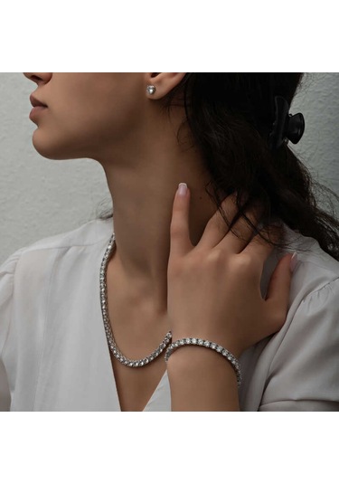 Blackcraft Gümüş 5 Mm Beyaz Taşlı Su Yolu Kadın Set Bc-08fc54 Beyaz