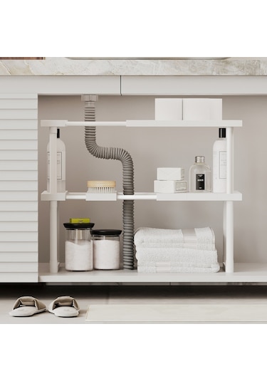 Ayarlanabilir Dolap Lavabo Altı Düzenleyici Raf Beyaz