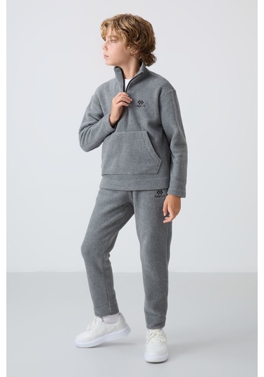 Tommy Life Gri Melanj Kalın Yumuşak Dokulu Standart Fit Nakışlı Polar Erkek Çocuk Eşofman Takım - 11218 Gri Melanj