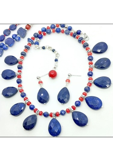 2745 Lapislazuli Mercan Hematit Çelik Aparatlı El Yapımı Kolye Çok renkli