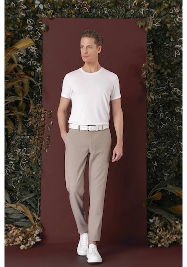 Slim Fit Yan Cepli Dokulu Esnek Casual Bej Pantolon P 1139 Bej