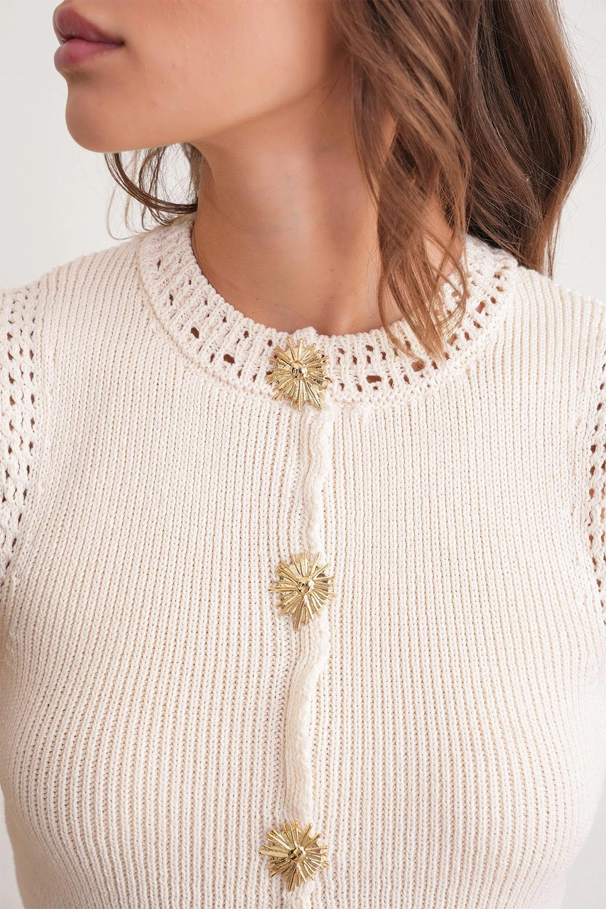 6962 Kadın Gold Düğmeli Triko Yelek Naturel Naturel