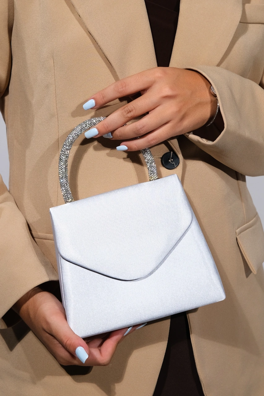 Monako Gümüş Saten Taşlı Kadın El Çantası Gümüş