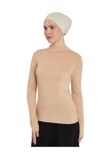 Altobeh Kadın Organik Uzun Kollu Balıkçı Yakalı Body Koyu Bej