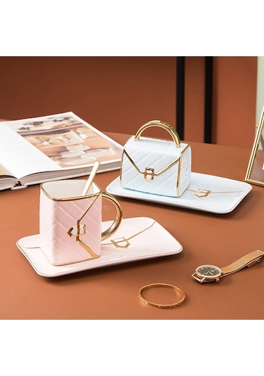 Novahub Şık Seramik Kahve Fincanı - Altın Kenarlı, 310ml Mavi MAvi