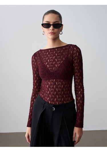 Dilvin 32763 Kayık Yaka Dantel Top-bordo