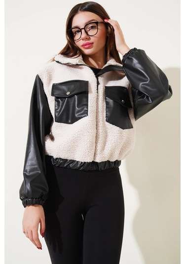 Deri Garnili Cepli Peluş Mont Siyah T1253 Siyah
