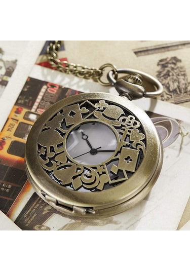 Valkyrie Alice Harikalar Diyarı Temalı Vintage Bronz Cep Saati - Kolye Köstekli Retro Hediye