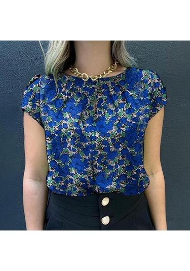 Mavi Zanzea Kadın Rahat Kısa Kollu O-boyun Yaz Çiçek Baskı Bluz