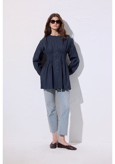 Beli Pile Detaylı Uzun Kol Bluz Lacivert Lacivert