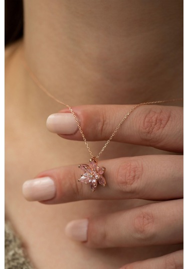 Ervanur Kadın Rose Altın Kaplama Taşlı Lotus Çiçeği Kolye Pembe