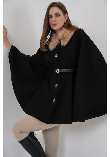 Kadın Kemerli Kaşe Panço 9165 - Siyah Siyah