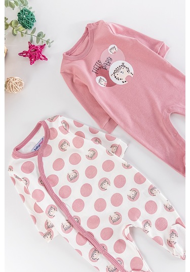 Leopar Figürlü Puantiyeli Uzun Kollu 2'Li Kız Bebek Tulum Takım 001