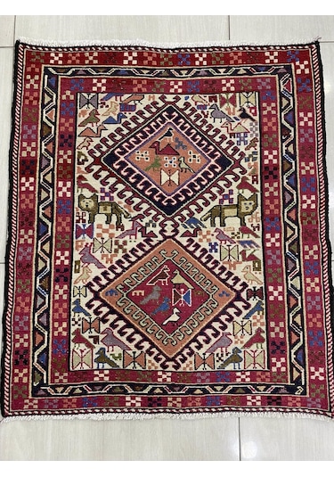 El Dokuma Şahseven Kilimi 84X100 Aslan Figürlü %100 Yün Kilim ! Kırmızı