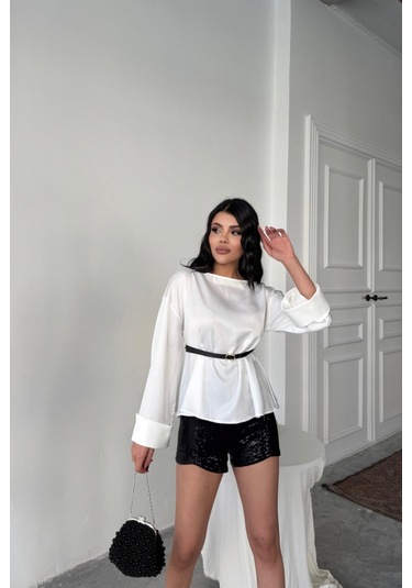 Soonaksesuar Kemer Detaylı Saten Bluz - Beyaz Beyaz
