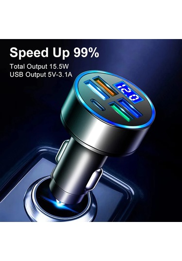 Port Usb Type C Telefon Hızlı Şarj Led Dijital Ekran Şarj Cihazı 4 Usb-siyah