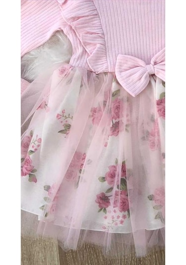 Kız Çocuk Çiçekli Toz Pembe Doğum Günü Abiye Prenses Şık Elbise Pembe
