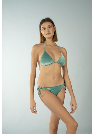 Estiva Parlak Üçgen İpli Bikini Takımı - Yeşil Kadife Çok Renkli